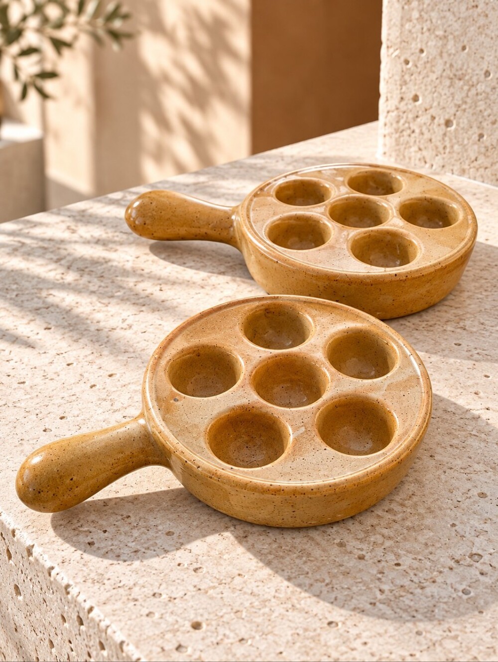 Vintage Grès Village CNP France Escargot Dishes 6 Well Stoneware Pair